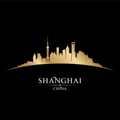 Shanghai China city skyline silhouette black background