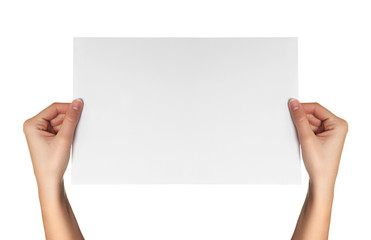 female hands hold white paper