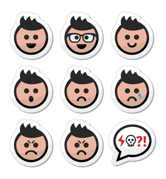 Man or boy with spiky hair faces icons set