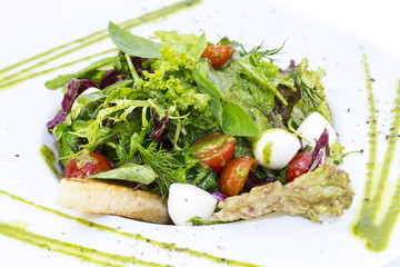 salad with cheese tomatoes and greens on a white background
