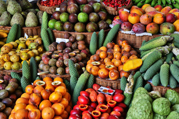 Fresh fruits in Mercado Dos Lavradores  Funchal, Madeira - obrazy, fototapety, plakaty