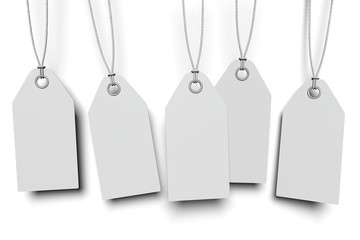 five white tags with shadow on white background