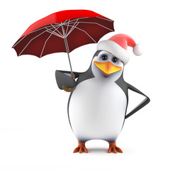 Penguin Santa shelters under an umbrella