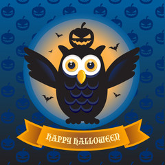 Happy  Halloween Owl with Pumpkin and Bats Vector illustration