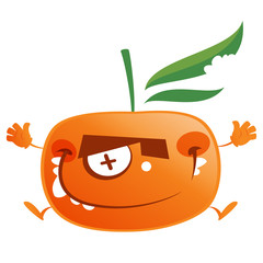 Crazy cartoon orange tangerine fruit character jumping