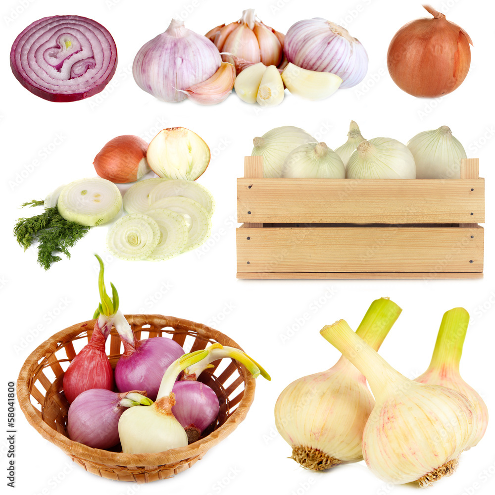 Wall mural collage of onion and garlic isolated on white - Wall murals