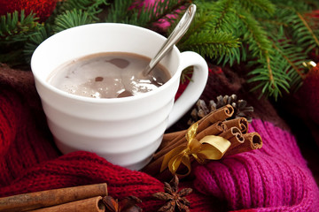 Cup of chocolate with spices wrapped in scarf
