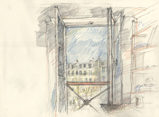 Sketch of a window in Paris from interieur