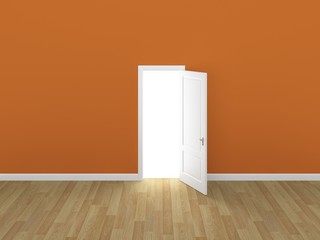 door open on orange wall ,3d