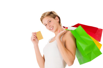 glückliche frau mit einkaufstüten und kredit karte
