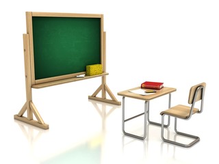 classroom chair desk and blackboard