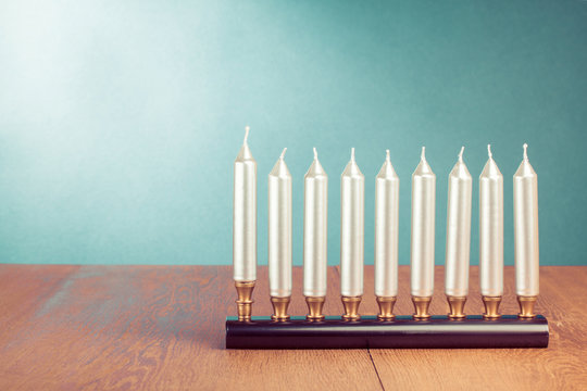 Hanukkah menorah with silver candles