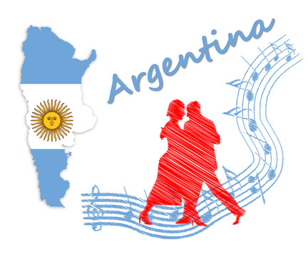 Map and flag of Argentina, next to a couple dancing tango