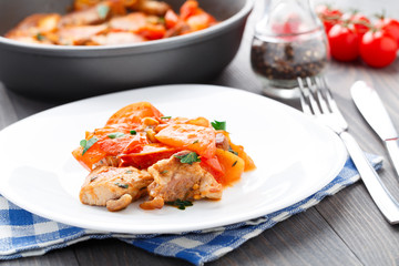 Fried pork with pan-roasted tomatoes