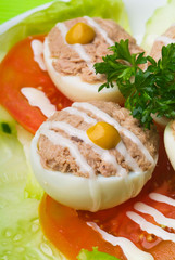 egg. salad plate of letuce egg tuna and olive