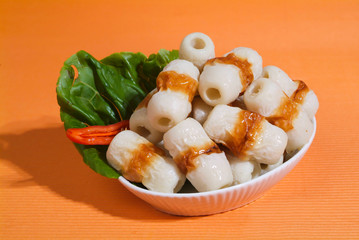 Asian dishes - variety of raw fish meat for steamboat