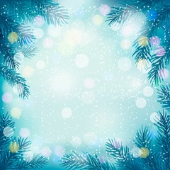 Fototapeta na wymiar Christmas retro background with tree branches and snowflakes. Ve