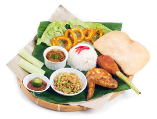 Indonesian traditional food, chicken, fish, vegetables