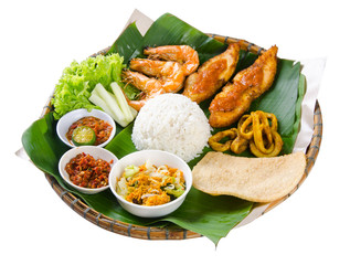 Indonesian traditional food, chicken, fish and vegetables