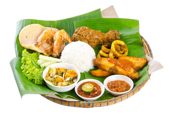 Indonesian traditional food, chicken, fish and vegetables