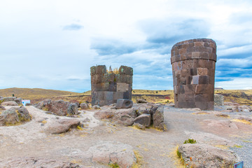 Funerary towers in Sillustani, Peru,South America- Inca  ruins