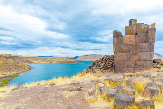 Funerary towers in Sillustani, Peru,South America- Inca ruins