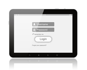 Tablet PC with login box on white background.