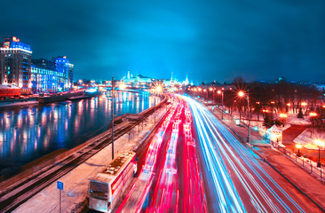 blue illuminated and spacious high-speed urban road and moving