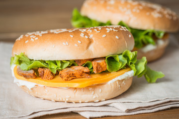Bagel with fresh cheese and fresh lettuce