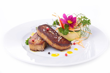 grilled foie gras with vegetables and flowers