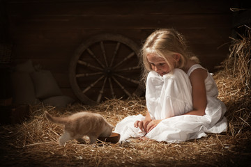 Little girl feeding a kitten milk in barn