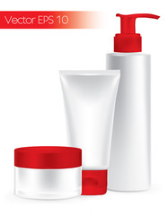 Composition of packaging containers red color, cream. 
