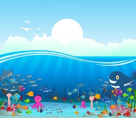 Naklejka premium Sea life cartoon background