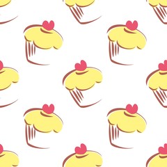 Seamless vector pattern with lemon cupcake on white background