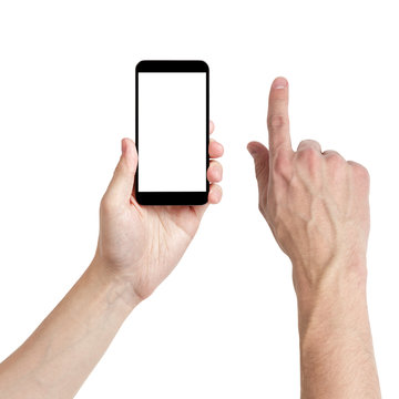 adult man hands using mobile phone with white screen