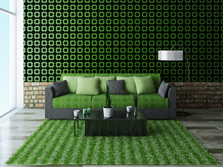 Sofa with green pillows