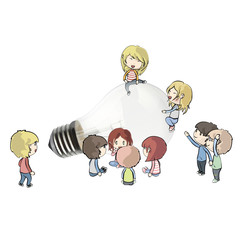 Kids around realistic bulb.
