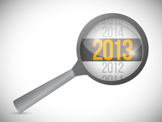 year 2013 over a magnify glass. illustration