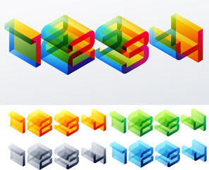 Colored isometric text. Cube monospace characters. 1 2 3 4