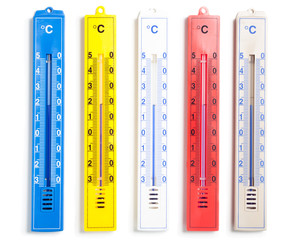 Colorful thermometers, blue, red, yellow