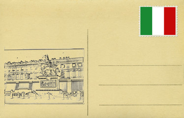 Back of vintage postacard with Italian flag and Piazza San Carlo