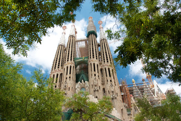 View of Sagrada Familia from green park and trees