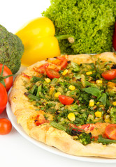 Tasty vegetarian pizza and vegetables, isolated on white