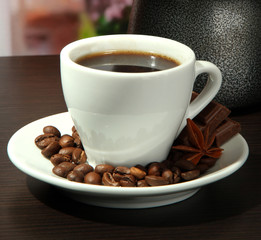 cup of coffee, turk and coffee beans in cafe