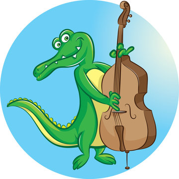 Crocodile mascot playing double bass
