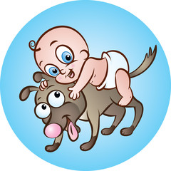 Happy baby on the shoulder of a cute dog