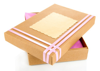 Present box tied with ribbon, isolated on white