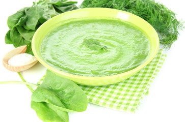 Tasty spinach soup, on white table