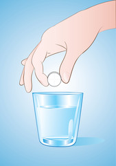 vector illustration of hand putting pills in glass of water