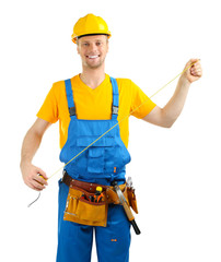 Portrait of young builder isolated on white
